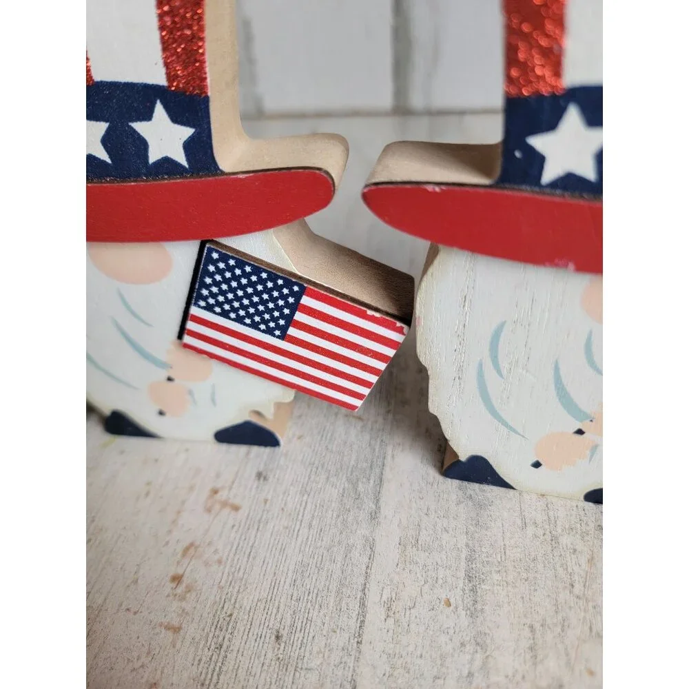 Wooden 4th of‎ July gnome glitter USA set figure decor flag